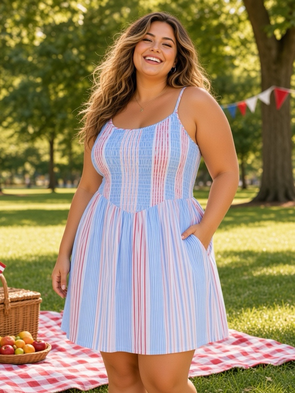 Women’s Free Assembly Striped Blue & Pink Smocked Sundress with Pockets Size XL